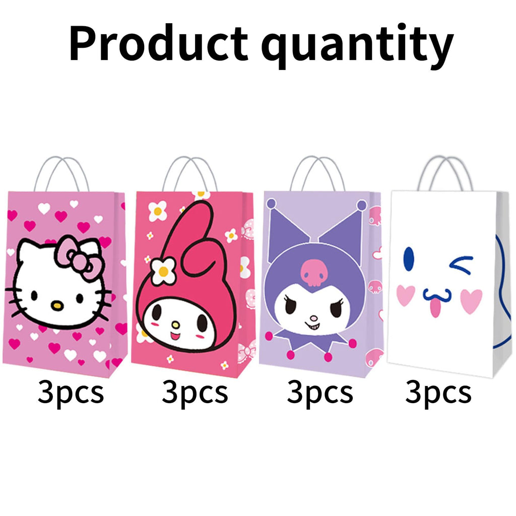 12 Pcs Cute Party Favor Bags, 4 Patterns Double Sided Printed Candy Goodie Treat Bags with Handle, Cartoon Pink Birthday Party Supplies for Kids