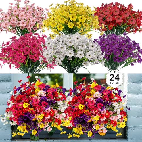 24 Pcs UV Resistant Faux Flowers - Realistic Outdoor Plants