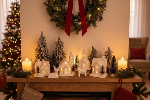 WANCHIY Christmas Village Sets- 13 Pieces Indoor Christmas Decorations, White Ceramic Village Houses Set of 4 with 7 Trees & 2 Deer, Mantel & Room & House Table Decor, Farmhouse Rustic Holiday Decor