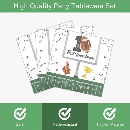 LANGASQUE Football First Year Down Birthday Decorations, 168pcs Paper Plates Napkins Set Football Theme Dinnerware Including Plates, Napkins, Cups, Knives, Forks, Spoons for Birthday Party Supplies