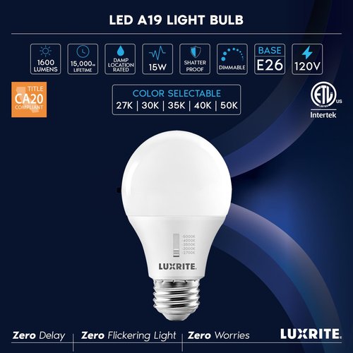 LUXRITE A19 LED Light Bulb 100 Watt Equivalent, CRI90, 5CCT Selectable 2700K 3000K 3500K 4000K 5000K, Dimmable, 1600LM, Standard LED Light Bulbs 15W, E26 Base, CEC Title 20, ETL Listed (16 Pack)