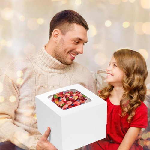 KoberrLi 2 Pack Cake Boxes with Ribbons 12x12x12 inch Tall Large White Bakery Square Cake Boxes with Window for Weddings Birthdays Decorating