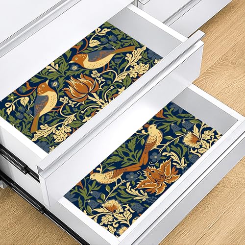 Self Adhesive Vintage Bird Shelf Liner Dark Blue 17.3"W x 78.7"L - Waterproof Drawer & Cabinet Cover
