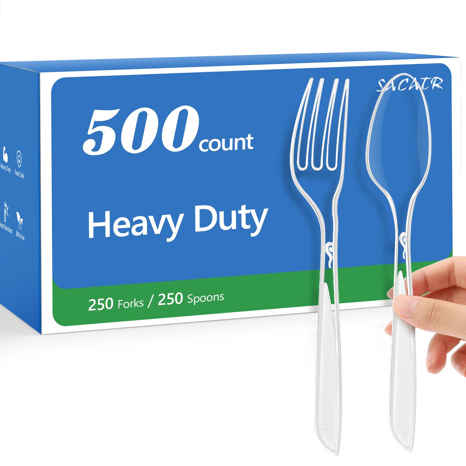 SACATR 500 Count Plastic Silverware Heavy Duty -250 Forks, 250 Spoons，BPA-Free,Heat Resistant Disposable Plastic Spoons Bulk, Solid Durable Premium Cutlery for Parties, Events and Everyday Use