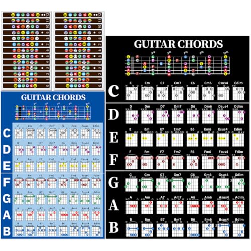 Guitar Chord Chart Set for Beginners - 2 Stickers & 2 Charts