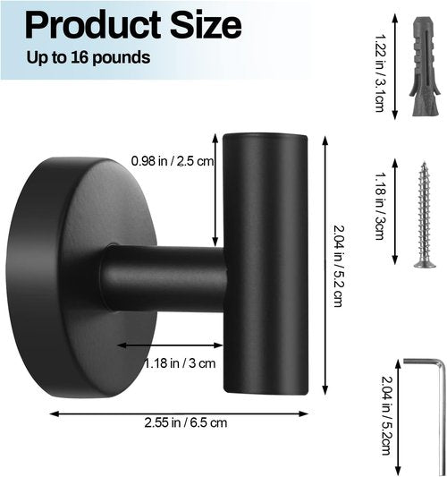 Kruodop Towel Hooks - Heavy-Duty Stainless Steel Wall Mount Holders | Black Matte Finish, 2-Pack
