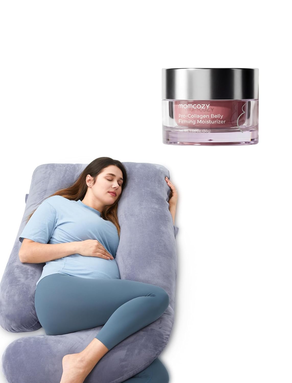 Momcozy Maternity Comfort Bundle - Full Body U-Shaped Pregnancy Pillow & Hydrating Stretch Mark Cream | Essential Support & Skin Care Set for Expecting Mothers
