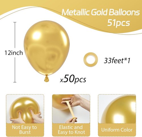 Awenztech Metallic Gold Balloons - 12 Inch Chrome Latex Balloons | 50pcs for Graduation & Wedding Decor