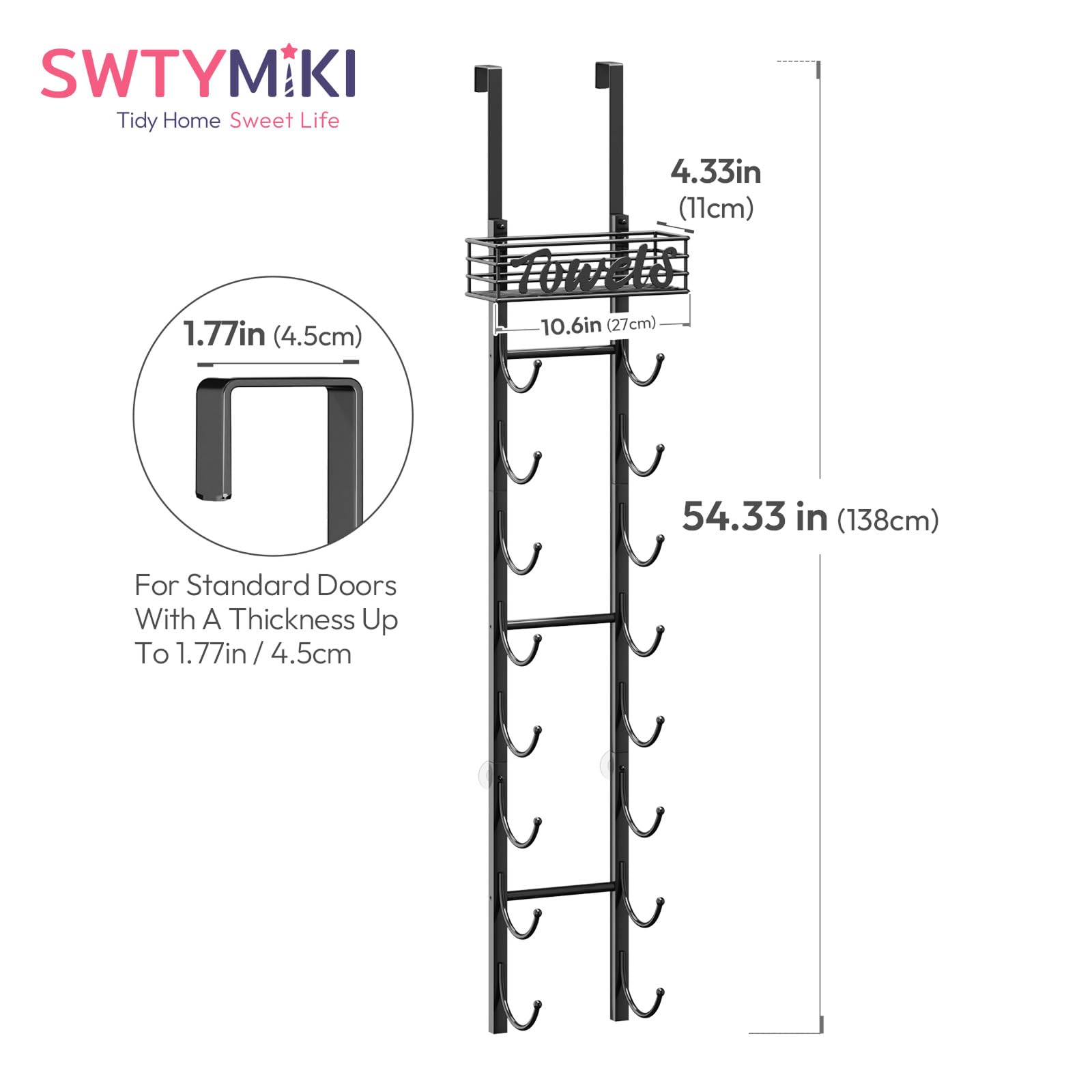 SWTYMIKI Hanging Towel Racks for Bathroom - 9 Tier Over The Door & Wall Mounted Bath Rolled Towel Storage Organizer Holder for Small Bathroom, RV, Camper, Black (Patented)