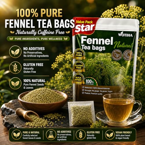 WOTIHA Organic Fennel Tea Bags 90 Count - Natural Herbal Digestive Support, Caffeine-Free & Vegan