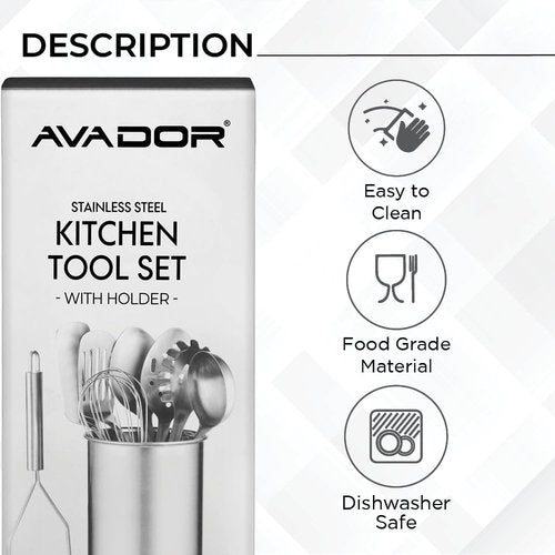 Avador® Premium Set of 10 Stainless Steel (BLACK HOLDER) Kitchen Tool Set with Holder Easy To Clean, Space Saving, Great for Cooking, Baking, Prepping (BLACK)