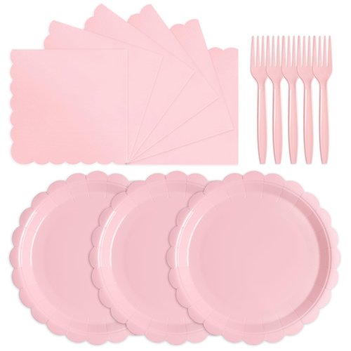 Tyzarglef 105PCS Paper Plates and Napkins Set,7 Inch Scalloped Disposable Tableware with Forks for Birthdays, Garden Parties & Outdoor Events,Serves 35 (Light Pink)
