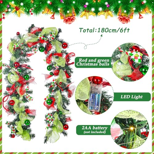 Christmas Artificial Garland with LED Lights - 6 Ft Red & Green Wreath Decor - Variation of THIS listing