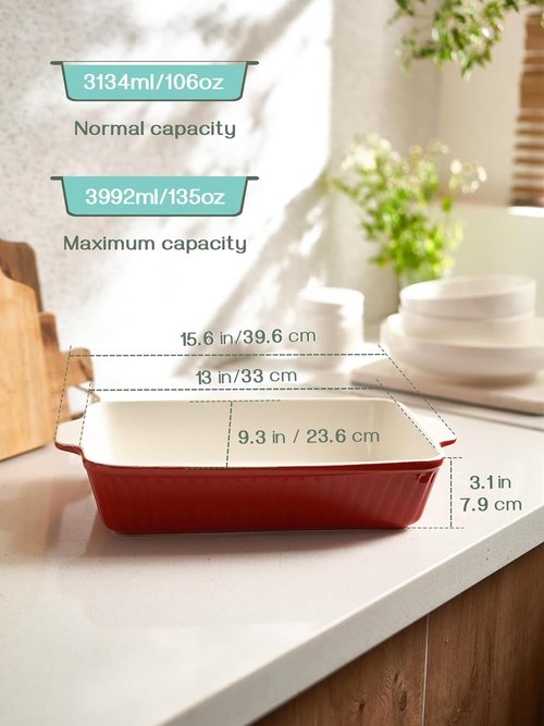 DOWAN 9x13-Inch Deep Casserole Baking Dish - 135 oz Ceramic Pan with Handles, Oven Safe, Red