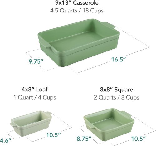 Best Choice Products 3-Piece Ceramic Bakeware Set - Stoneware Casserole & Baking Dishes | Sage Green, 9x12, 8x8, Loaf Pan