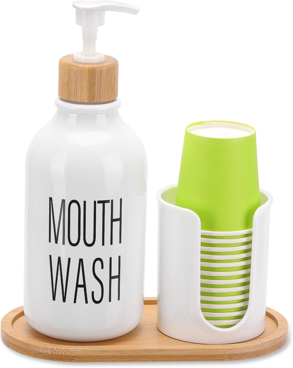 Skiennix Mouthwash Dispenser - Refillable 17oz Pump Bottle with Cup Holder & Tray for Bathroom Organization