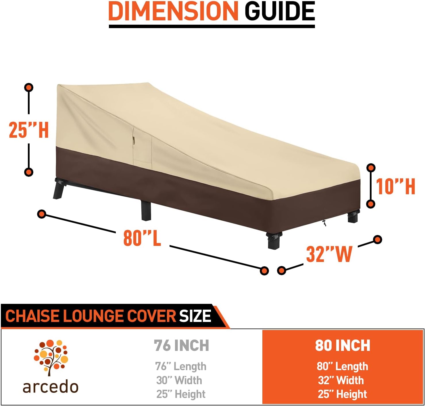 Arcedo Waterproof Patio Lounge Chair Covers - Heavy Duty Protection for Outdoor Furniture | 80" L x 32" W x 25" H, Beige & Brown - 2 Pack