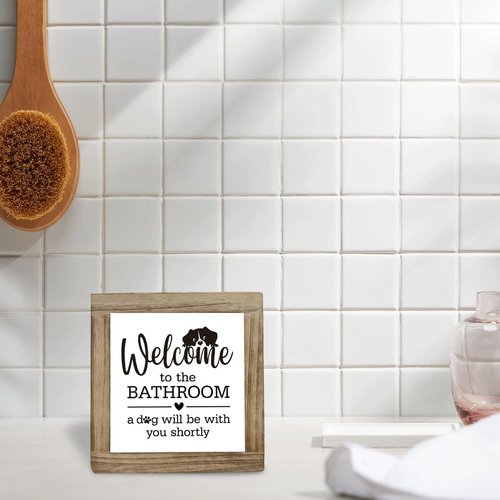 Dog Bathroom Decor, Funny Bathroom Decor, Interesting Wood Decoration for Restroom, Welcome to The Bathrooms A Dog Will be with You Sign, Indoor Bathrooms Toilet Wood Box Sign