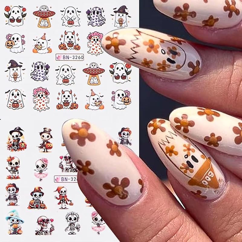 JUNCHAO Halloween Nail Art Stickers Pink Pumpkins Cute Ghost Water Decals 12PCS