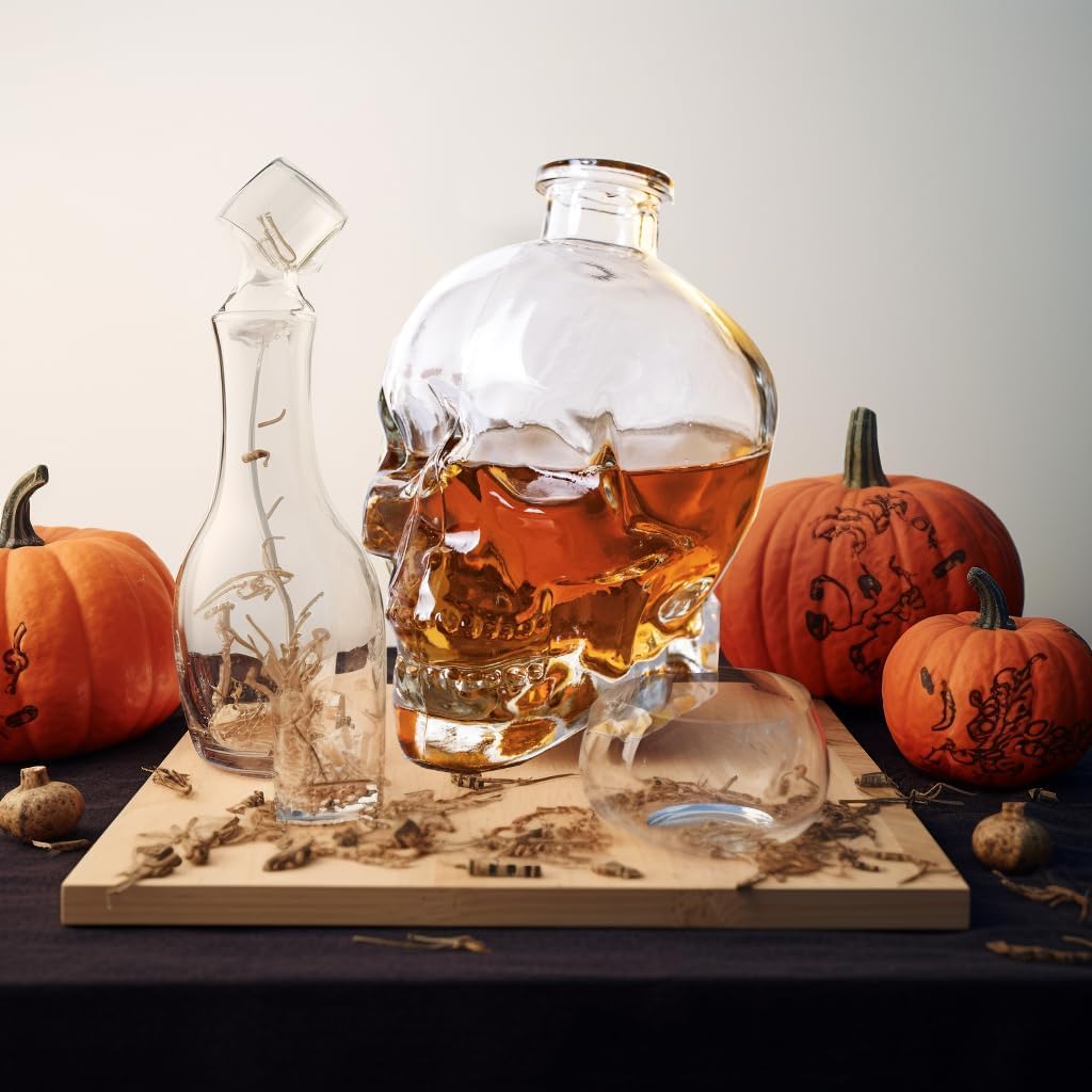 Skiennix Skull Decanter - Lead-Free Glass with Cork Stopper | Perfect Halloween Decor & Whiskey Gift (750ML)