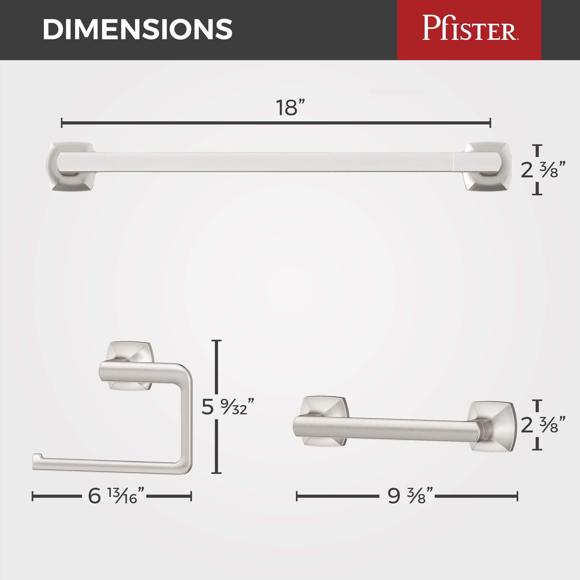 Pfister Vaneri 3-Piece Bathroom Hardware Set with Towel Bar, Towel Ring, and Toilet Paper Holder, Wall-Mounted, Spot Defense Brushed Nickel Finish, BTBVRI3GS