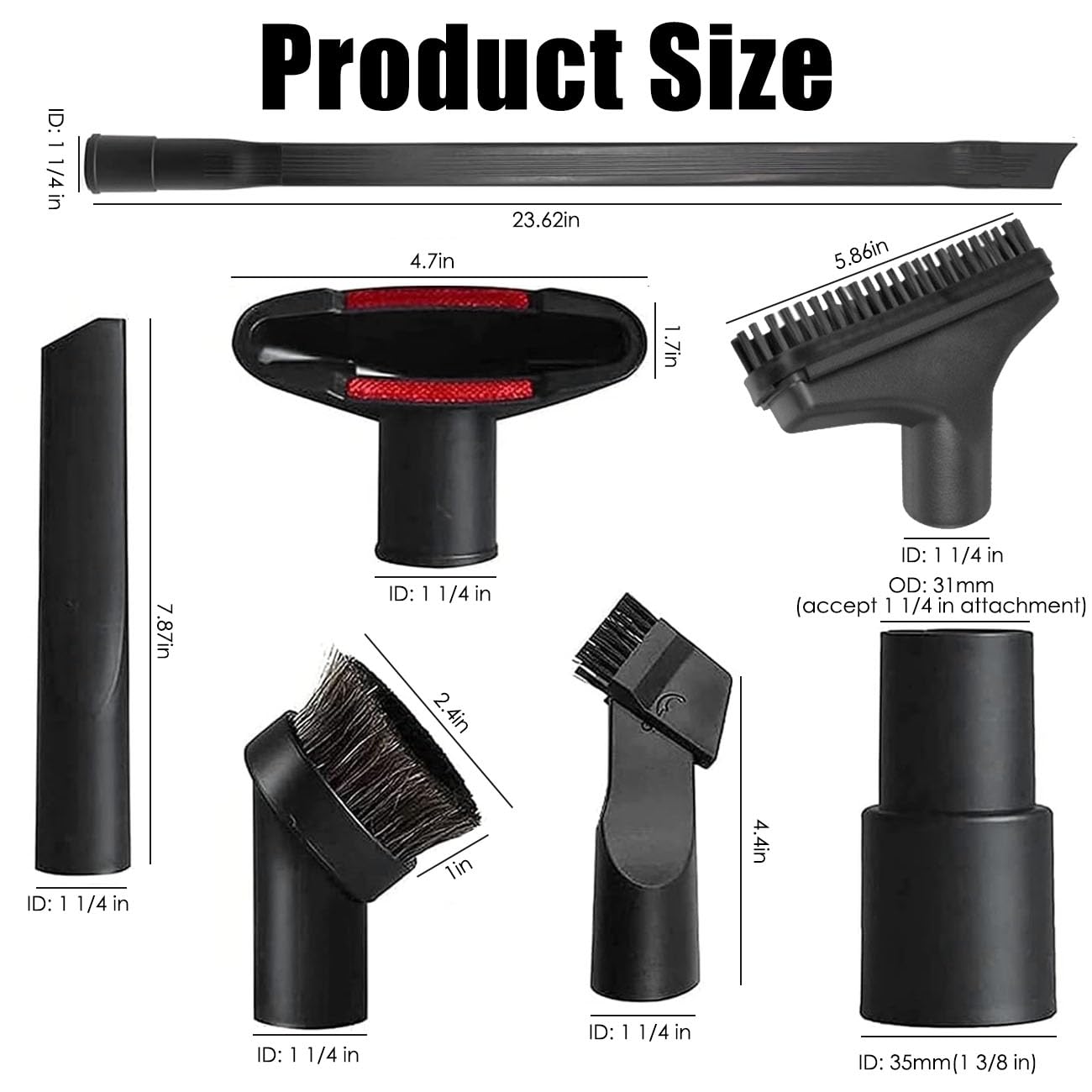 Vacuum Attachments Accessories, 1 1/4 inch Vacuum Cleaner Tools Kit Vacuum Dusty Brush with 32mm (1 1/4) inch & 35mm (1 3/8) inch Standard Hose Adapter, 7 Pack