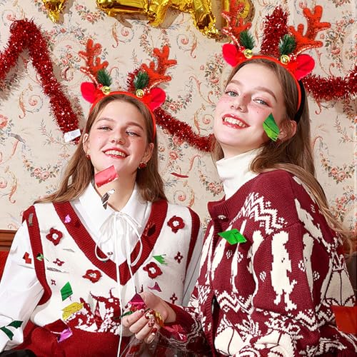 Xepeelo Red Antler Christmas Headband with Glitter Deer Ears and Bells