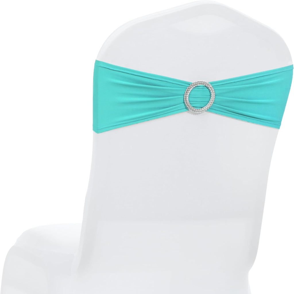 MDS Premium Spandex Chair Sashes - 100 Pack Stretch Covers with Buckle Slider | Aqua Blue for Weddings & Events