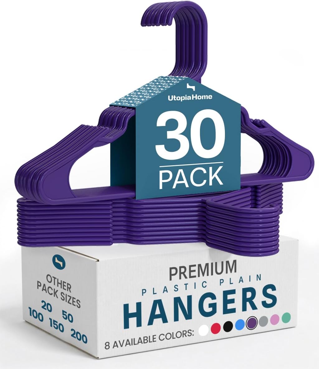 Utopia Home Plastic Hangers 30 Pack - Durable Space-Saving Clothes Hangers - Purple Closet Organizers