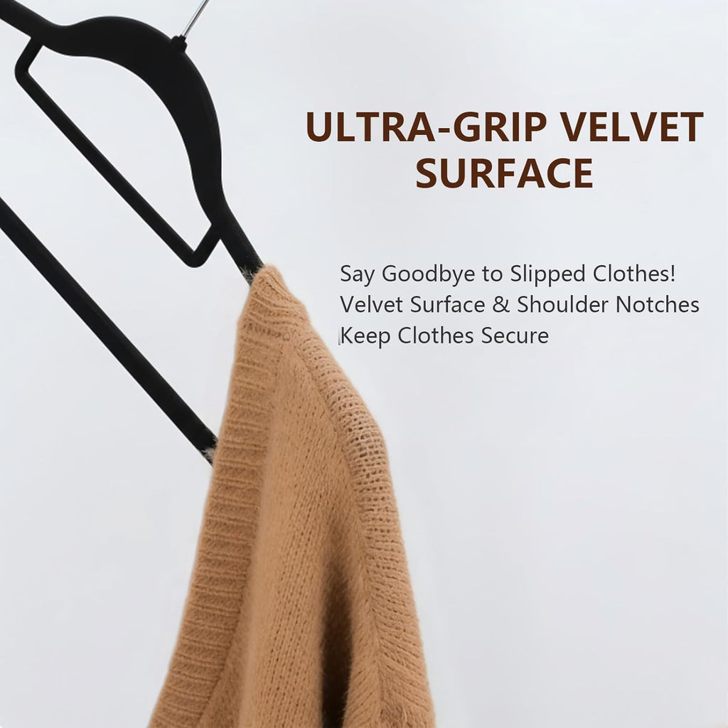 Skiennix Velvet Hangers - 50 Pack Heavy Duty Non-Slip Space Saving Coat Hangers | Black with 360° Rotating Hook