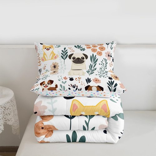Feelyou Cute Puppy Dog Bedding Set - Kids Toddler Dog & Flowers Comforter Set - Botanical Plant Duvet & Quilt Set