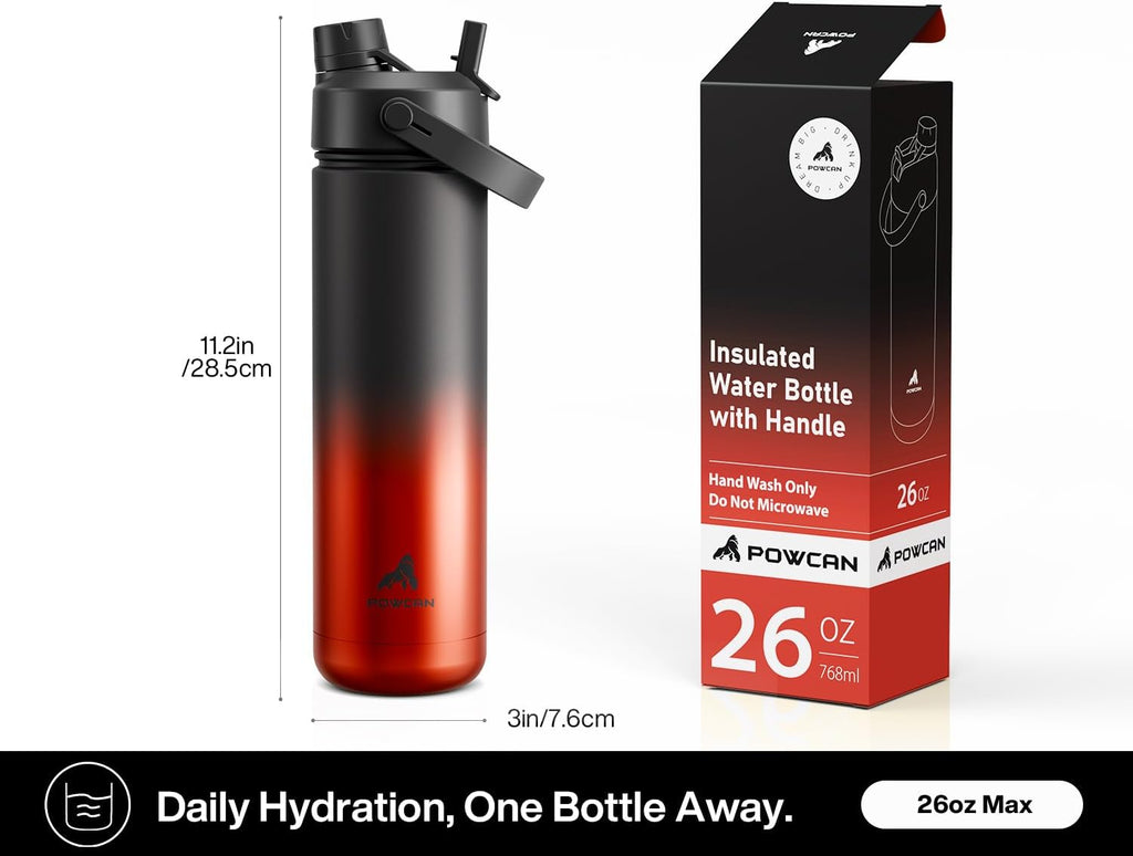 POWCAN 26 oz Insulated Water Bottle - 2-in-1 Straw & Spout Lid, Leak-Proof, Fits Car Cup Holder, Stainless Steel for Sports & Travel