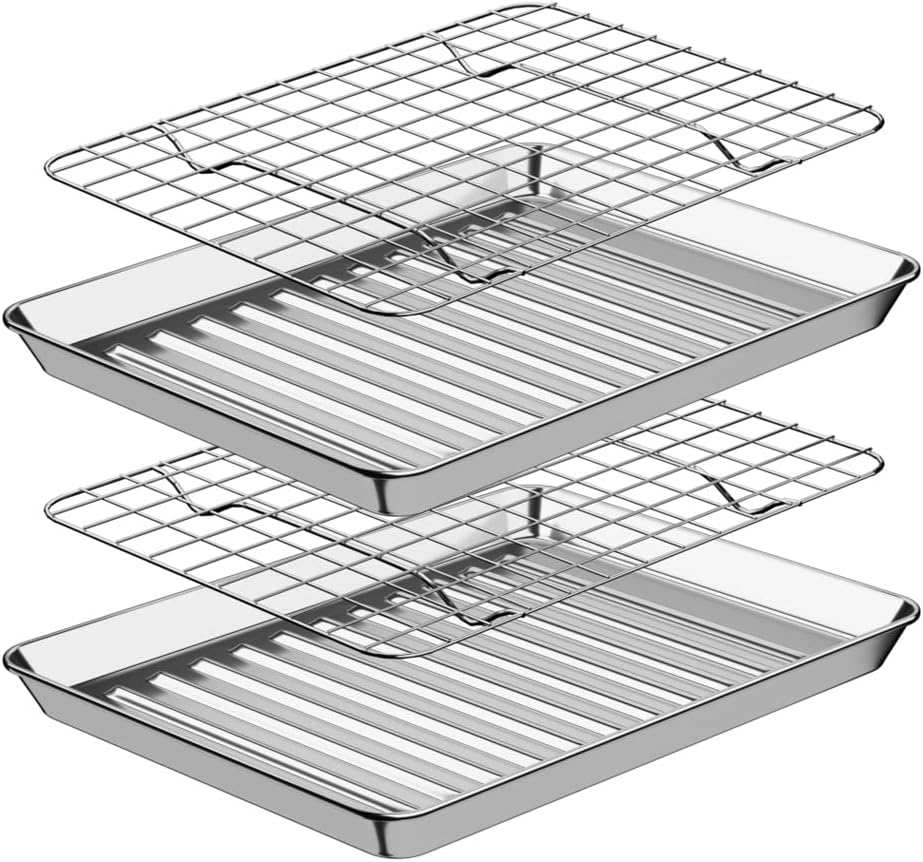 ROTTAY Small Baking Sheet Pan Set - 2 Stainless Steel Cookie Sheets with Wire Racks | Heavy Duty, Warp Resistant, 9 x 7 x 1 Inches