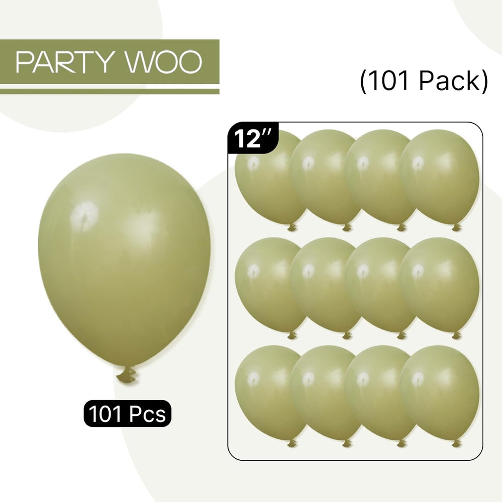 PartyWoo Sage Green Balloons - 101 Pcs 12-Inch Olive Latex Helium Balloons for Boho-Themed Celebrations
