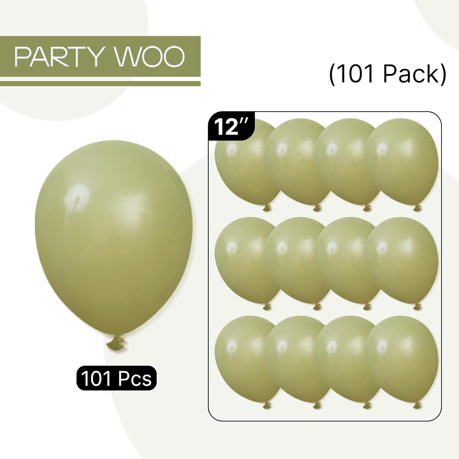 PartyWoo Sage Green Balloons - 101 Pcs 12-Inch Olive Latex Helium Balloons for Boho-Themed Celebrations