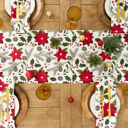 Christmas Holly Table Runner 14x72 Inches - Holiday Kitchen Decor - Poinsettia & Greenery