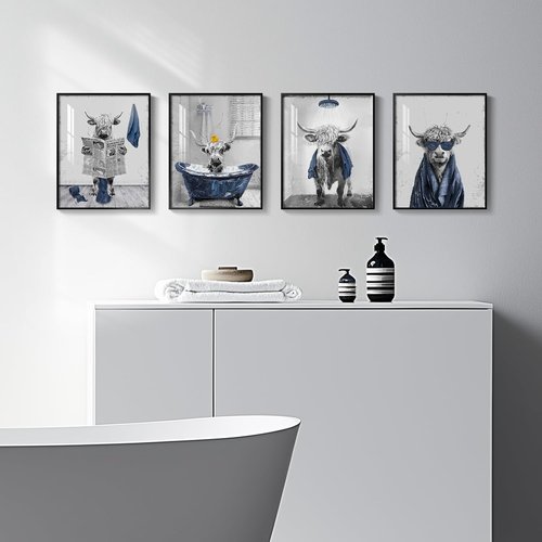 Highland Cow Wall Art - 4 Piece Funny Bathroom Decor | Cute Cow Prints for Restroom & Washroom