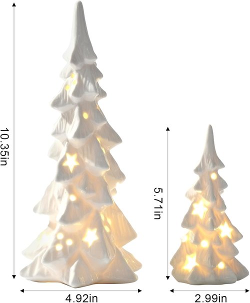 DN DECONATION White Ceramic Christmas Trees - 2-Piece Prelit Tabletop Decor with Stars & Dots Cutouts