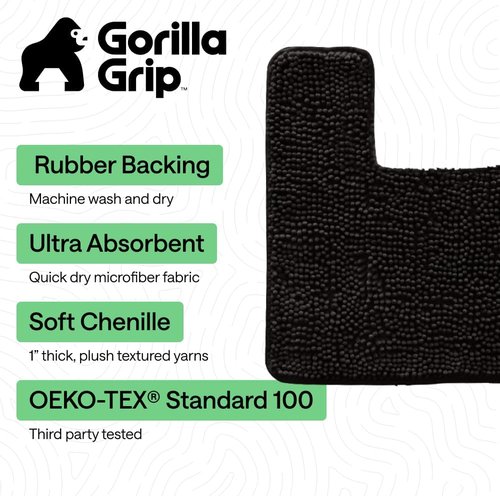 GORILLA GRIP Plush Chenille Bath Rug Mat - Soft, Absorbent, Machine Washable | Black, Square Toilet Base