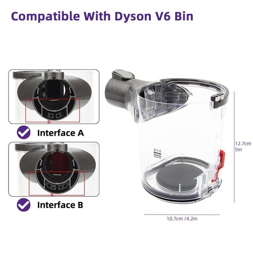 Yangugu Dust Bin Replacement for DysonV6 DC58 DC59 DC62 DC74 Vacuum Cleaner, A and B Interface Dirt Cup Canister Replacement Part No.965660-01