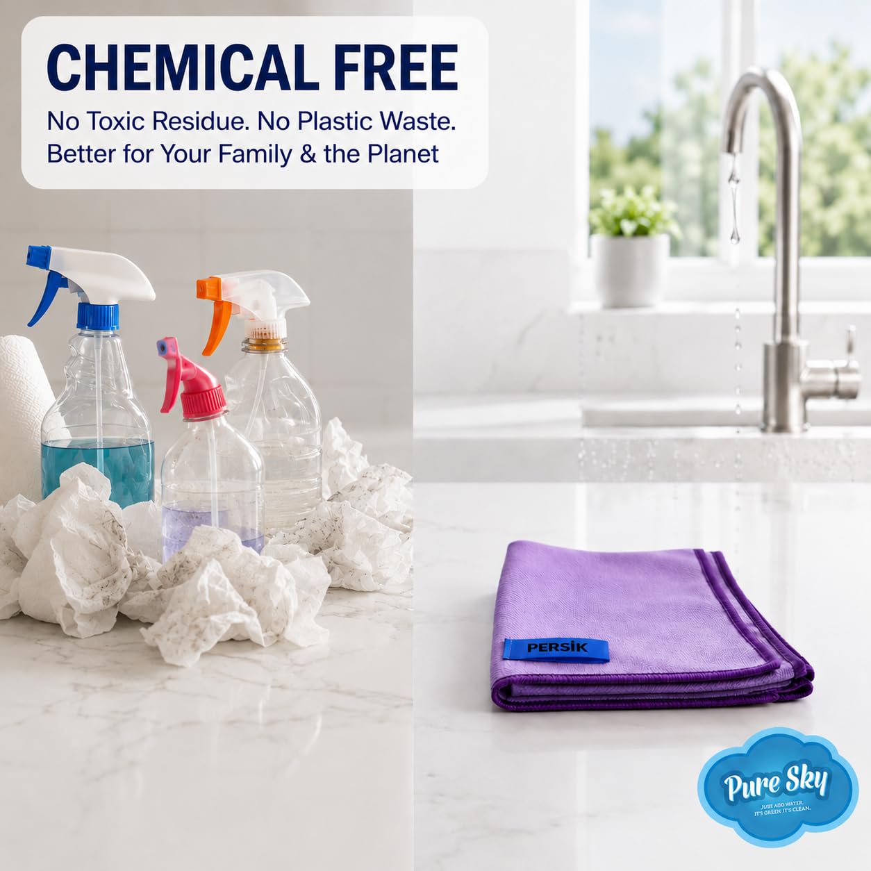 Pure Sky Window & Glass Cleaning Cloth Patented DUO-FECT Technology Streak-Free, No Chemicals, Removes Up to 99% of Bacteria with Water Only Reusable Microfiber Cleaner for Windows, Mirrors, Cars