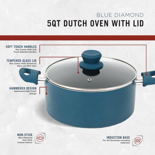 Prime Cuisine 5 QT Dutch Oven with Lid, Nonstick Cookware, Soft Touch Handles, Induction Base, Ideal for Stews, Soups, and Roasts
