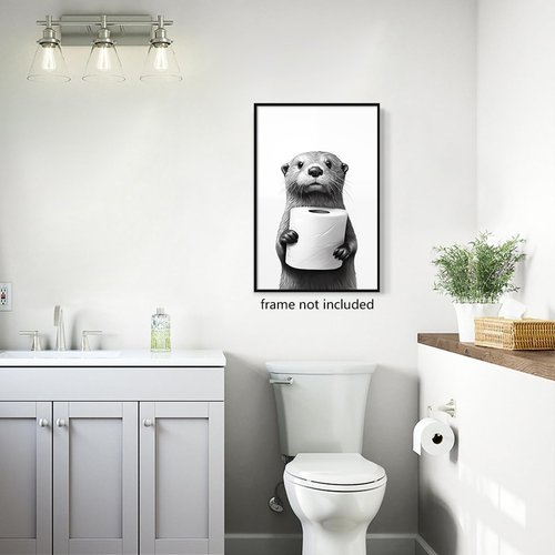 Funny Bathroom Wall Art - Cute Otter Holding Toilet Paper | Black and White Canvas Print 16x24in