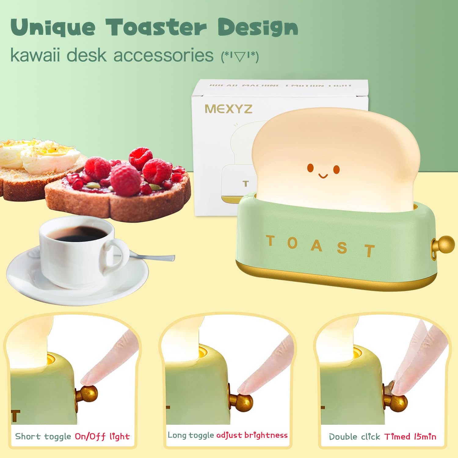 MeXYZ Cute Desk Decor Toaster Lamp, Kawaii Accessories Small LED Night Light for Kids Teen Girls, Room Decor Toast Lamp for Bedroom, Bedside, Living Room Aesthetic Stuff,Gift