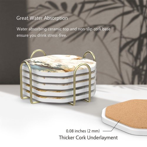 UMIRRO Ceramic Stone Coasters for Drinks Absorbent with Holder for Wooden Coffee Table Decor, Stoneware Cup Coasters for Iced Cold or Hot Drinks, Rustic Retro Boho Style, Gold, 4" Set of 6