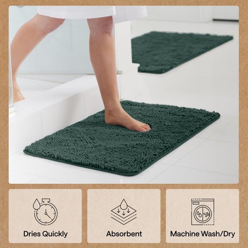 GORILLA GRIP Bath Rug Mat - Thick Soft Absorbent Chenille | Quick Dry Microfiber, 30x20, Hunter Green