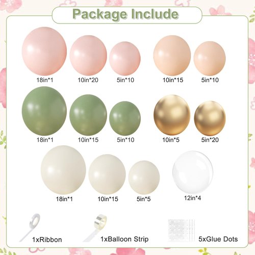 Sage Green Pink Gold Balloon Arch Kit 132Pcs Sage Green Pink Peach Ivory White Gold Clear Balloons for Boho Wildflower Baby Shower Bridal Shower Birthday Party Tea Party Decorations