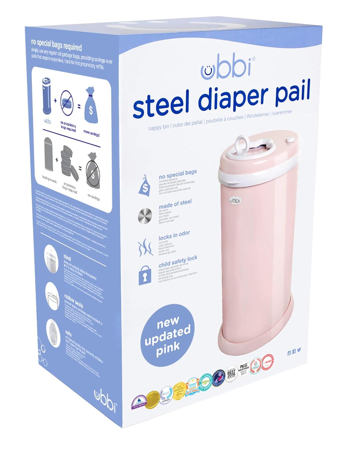 Ubbi Steel Diaper Pail - Odor Locking Technology | No Special Bags Needed | Blush Pink