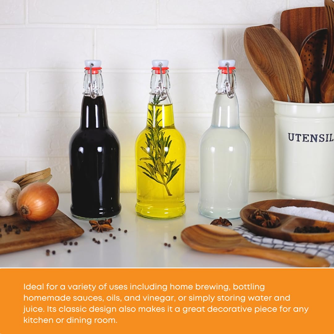 FastRack Swing Top Glass Bottles 33 oz – Pack of 12 | Amber Flip Top Glass Bottles with Airtight Lids | Resealable Grolsch-Style Fermentation Bottles for Kombucha, Beer, Mead, Soda, Vinegar & Water