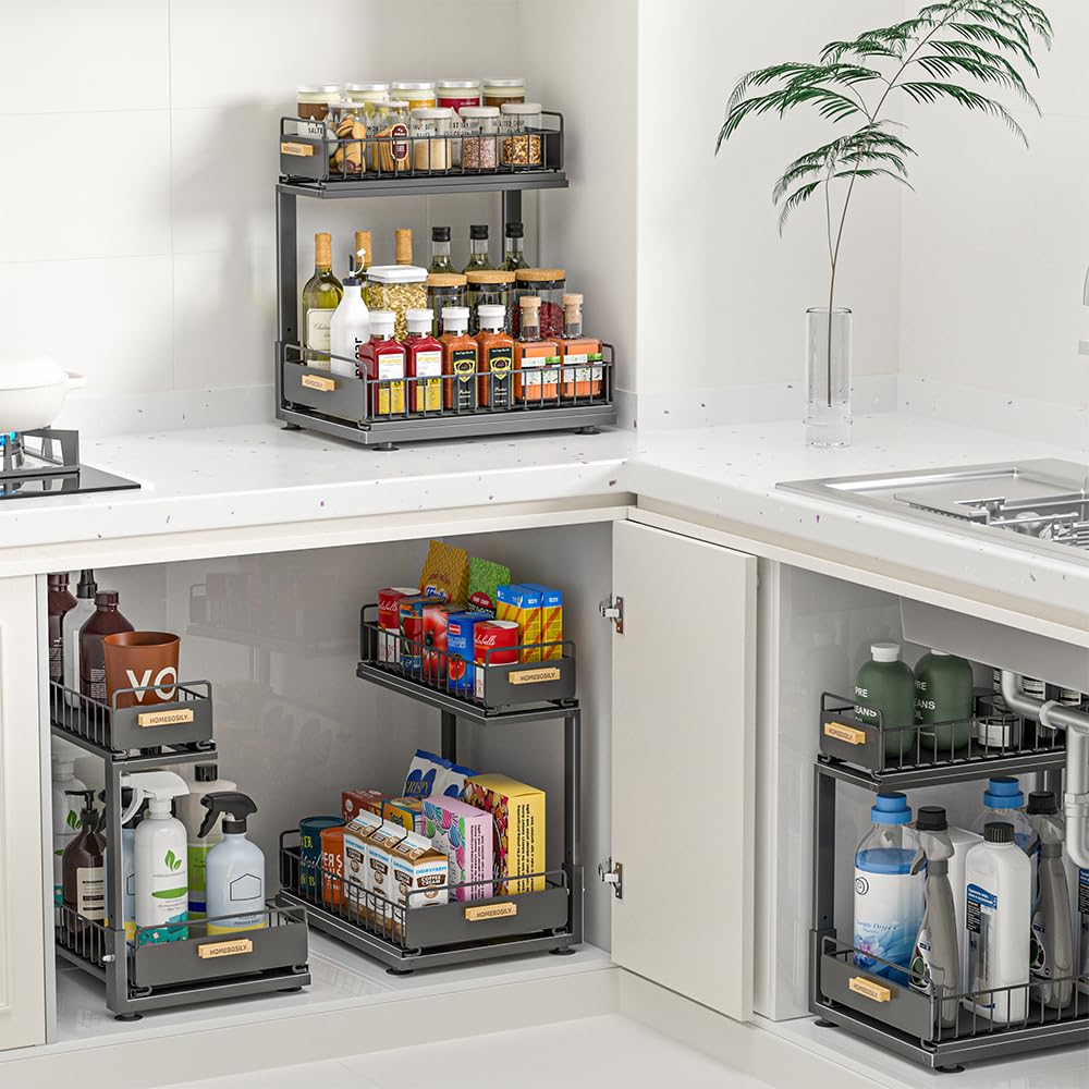 Under Sink Organizer Kitchen, 2 Tier Under Sink Organizers and Storage, Pull out Cabinet Organizer Shelf, Metal Drawer for Kitchen Bathroom Pantry Cabinet Closet Organization Rack, Black, 1 Pack
